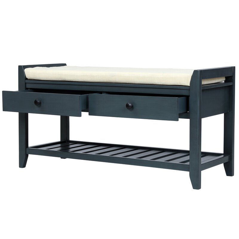 Antique Navy Shelf and Drawer Storage Bench Two Spacious Sliding Drawers Sit Directly Underneath the Upper Bench Seating Area Giving