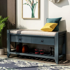 Antique Navy Shelf and Drawer Storage Bench Two Spacious Sliding Drawers Sit Directly Underneath the Upper Bench Seating Area Giving