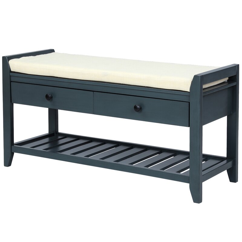 Antique Navy Shelf and Drawer Storage Bench Two Spacious Sliding Drawers Sit Directly Underneath the Upper Bench Seating Area Giving