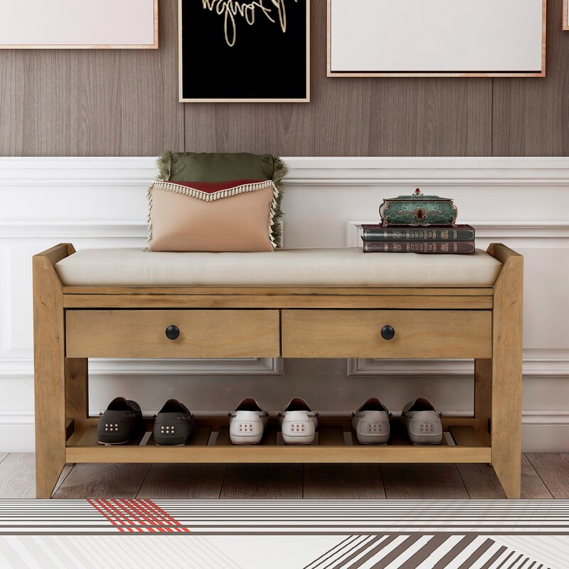 Old Pine Shelf and Drawer Storage Bench Two Spacious Sliding Drawers Sit Directly Underneath the Upper Bench Seating Area