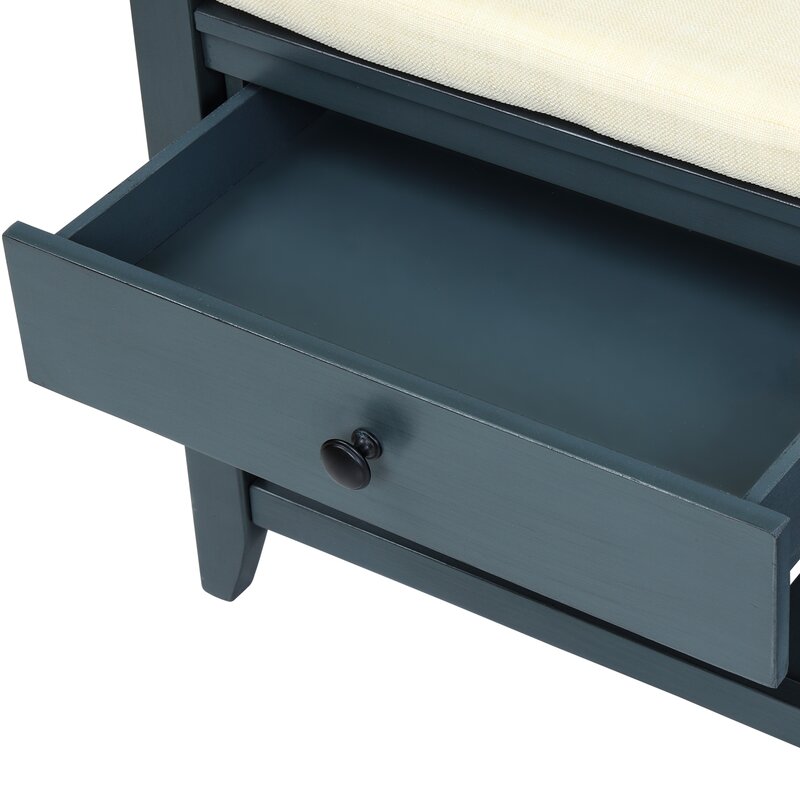 Antique Navy Shelf and Drawer Storage Bench Two Spacious Sliding Drawers Sit Directly Underneath the Upper Bench Seating Area Giving