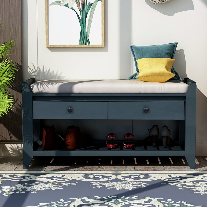 Antique Navy Shelf and Drawer Storage Bench Two Spacious Sliding Drawers Sit Directly Underneath the Upper Bench Seating Area Giving