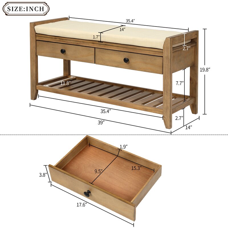 Old Pine Shelf and Drawer Storage Bench Two Spacious Sliding Drawers Sit Directly Underneath the Upper Bench Seating Area