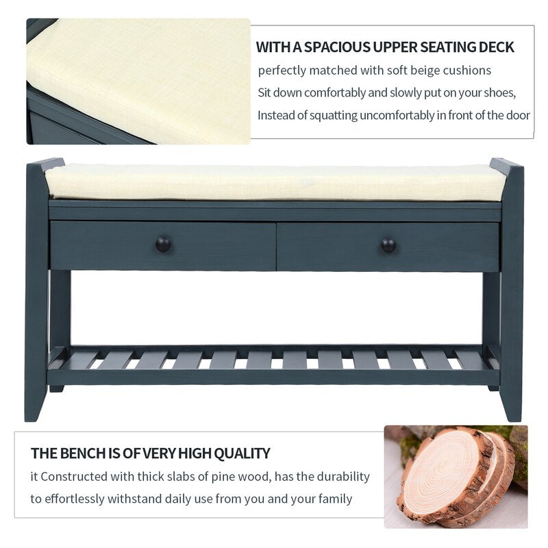 Antique Navy Shelf and Drawer Storage Bench Two Spacious Sliding Drawers Sit Directly Underneath the Upper Bench Seating Area Giving