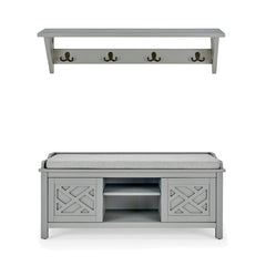 Gray Wood Shelves Storage Bench Three Cubbies with 2 Sliding Doors Versatile in Any Space Pen-Detailing on Each Side
