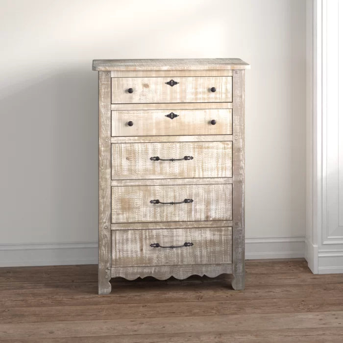 Chalk Lyra 5 Drawer 38'' W Solid Pine Wood Chest Distressed Finish