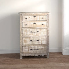 Chalk Lyra 5 Drawer 38'' W Solid Pine Wood Chest Distressed Finish