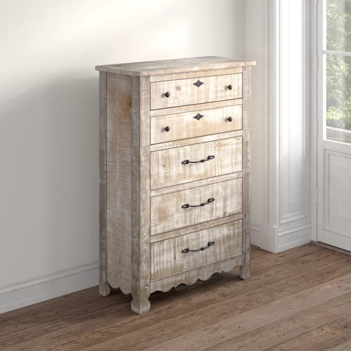 Chalk Lyra 5 Drawer 38'' W Solid Pine Wood Chest Distressed Finish