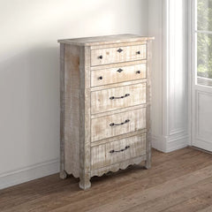 Chalk Lyra 5 Drawer 38'' W Solid Pine Wood Chest Distressed Finish