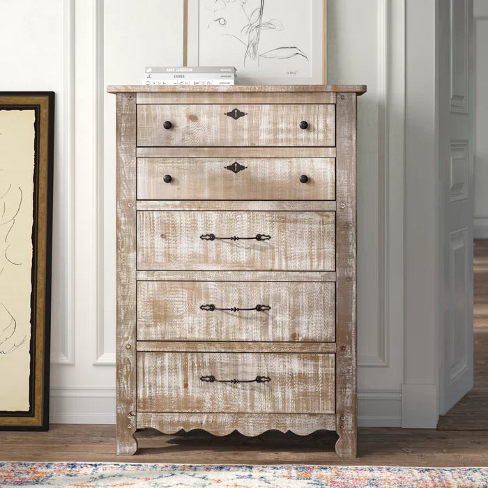 Chalk Lyra 5 Drawer 38'' W Solid Pine Wood Chest Distressed Finish