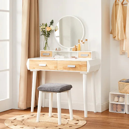 Vanity Set with Stool and Mirror Spacious Storage And A Comfortable Stool
