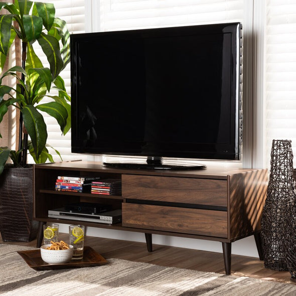 Organized in Style TV Stand for TVs up to 55" Walnut Brown Finish Two Open Shelves