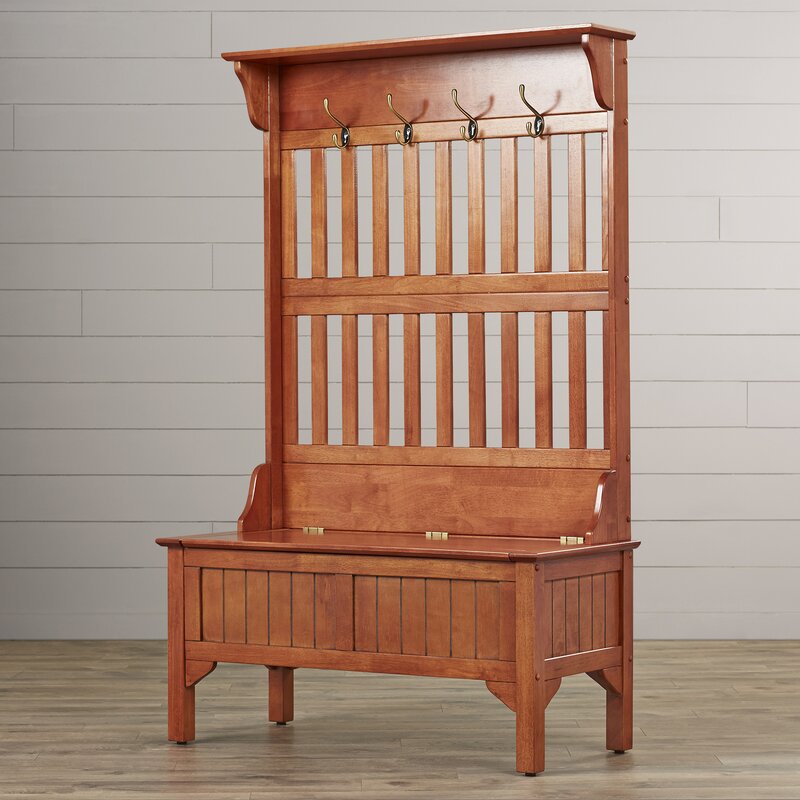40.5'' Wide Pine Solid Wood Hall Tree with Bench Raised Back Open Slats A Shelf up Top
