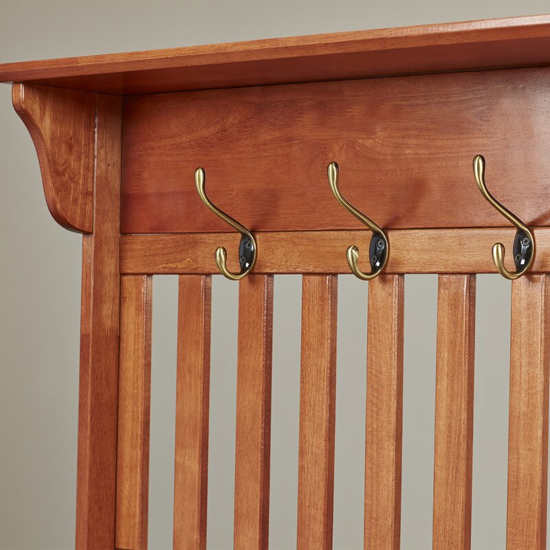 40.5'' Wide Pine Solid Wood Hall Tree with Bench Raised Back Open Slats A Shelf up Top