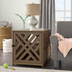 Taupe Gray Modern Lattice Pet Crate Giving your Pup Plenty of Air and Natural Light As They Sleep Or Rest in the Crate