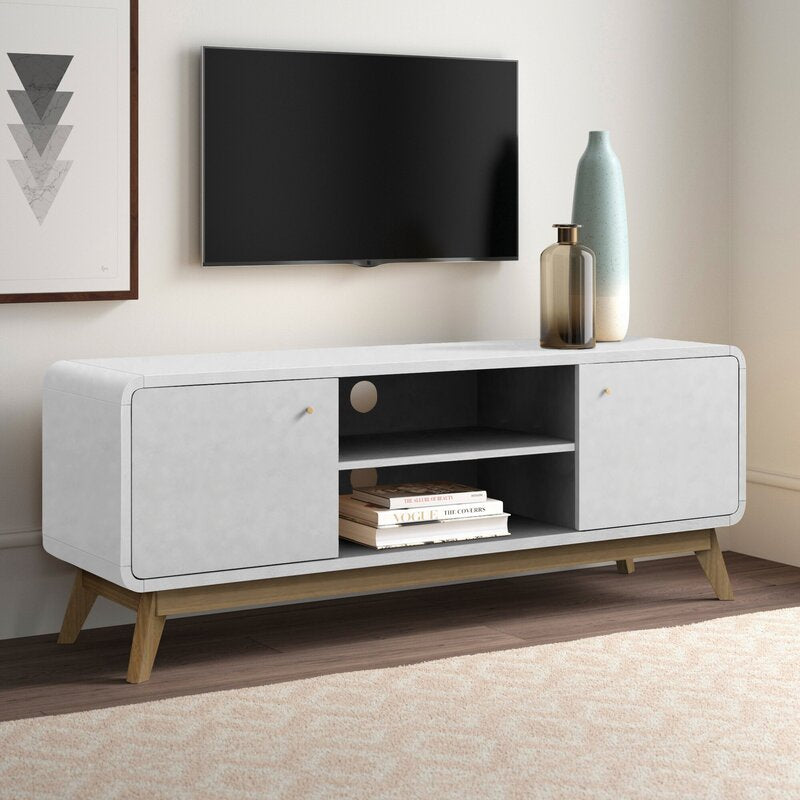 White/Light Oak TV Stand for TVs up to 60" Two Cupboards and Adjustable Shelf with Cutouts for Cable Management