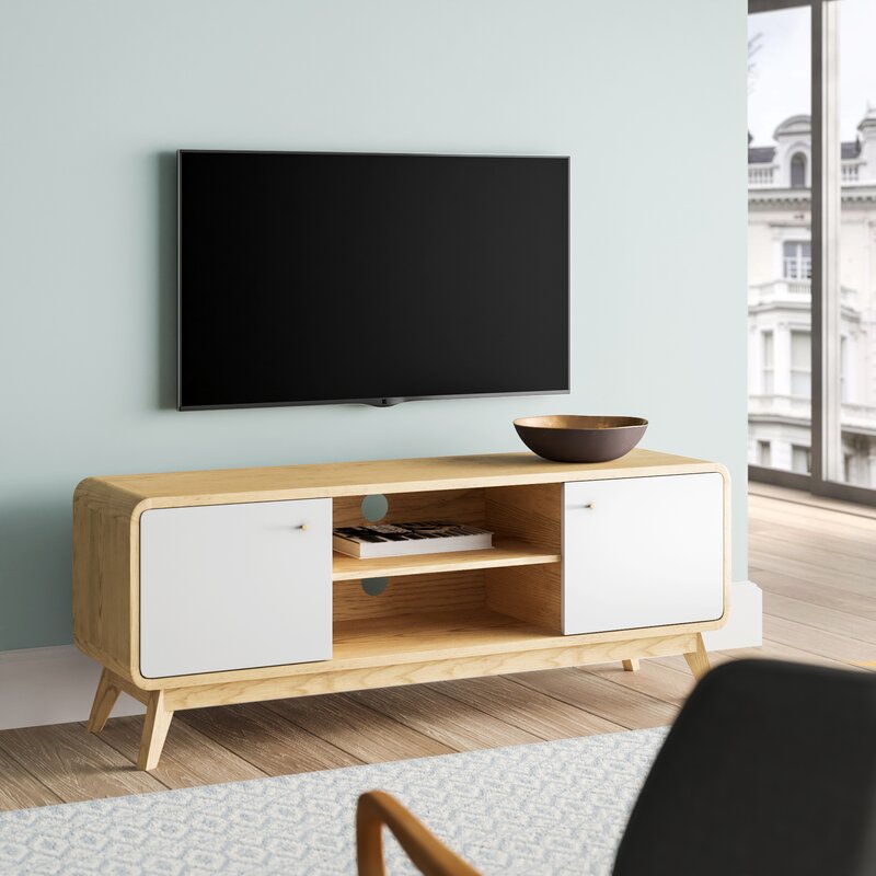 Oak/White TV Stand for TVs up to 60" Two Cupboards and Adjustable Shelf with Cutouts for Cable Management Complements your Home's Style