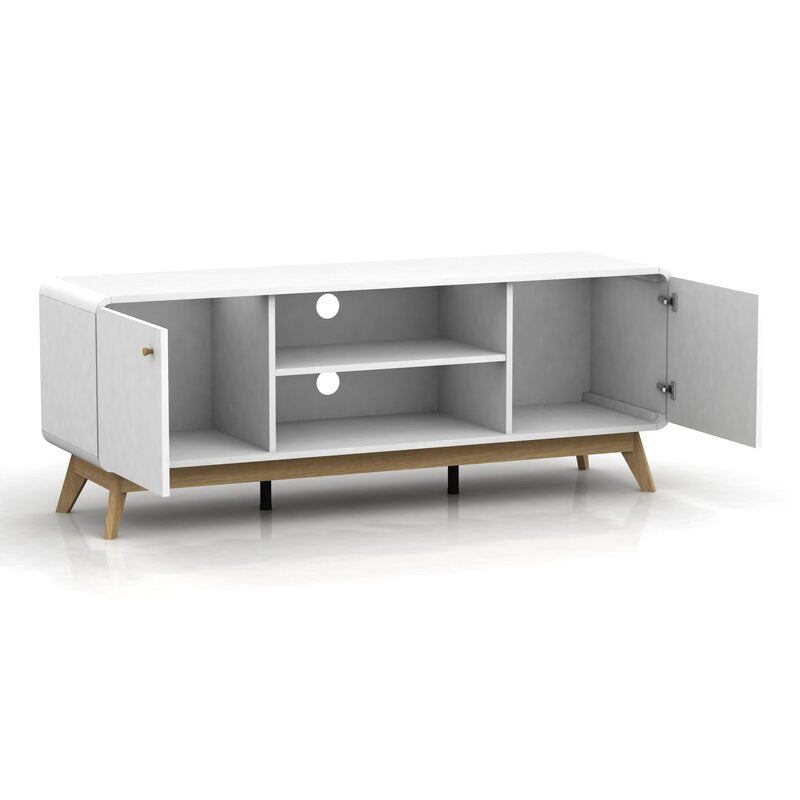 White/Light Oak TV Stand for TVs up to 60" Two Cupboards and Adjustable Shelf with Cutouts for Cable Management