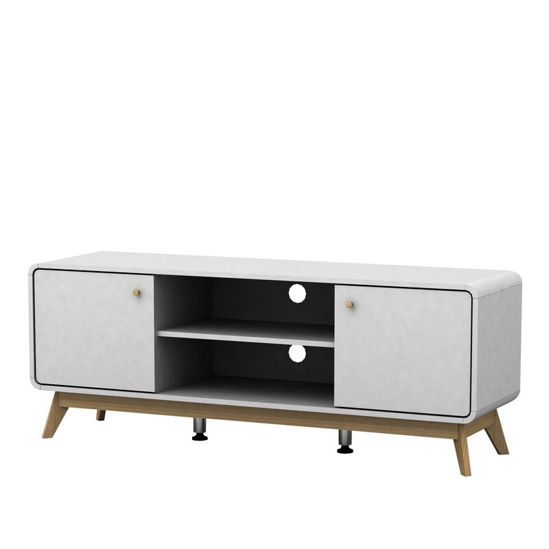 White/Light Oak TV Stand for TVs up to 60" Two Cupboards and Adjustable Shelf with Cutouts for Cable Management