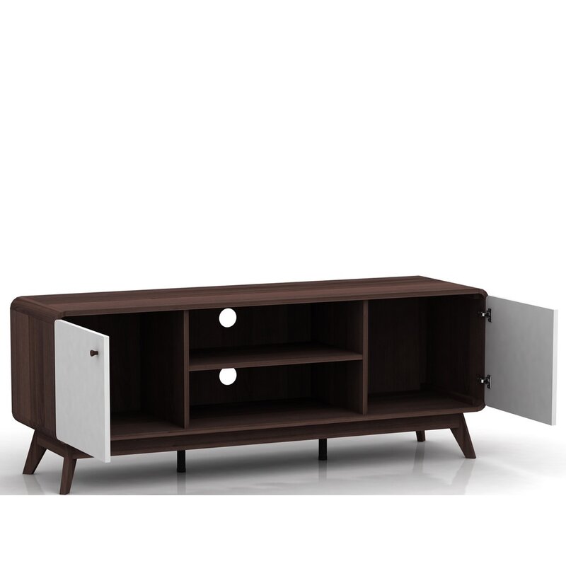 Walnut/White TV Stand for TVs up to 60" Two Cupboards and Adjustable Shelf With Cutouts for Cable Management