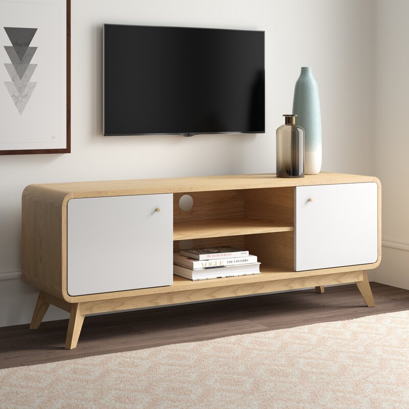 Oak/White TV Stand for TVs up to 60" Two Cupboards and Adjustable Shelf with Cutouts for Cable Management Complements your Home's Style