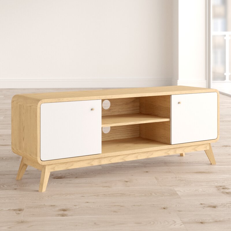 Oak/White TV Stand for TVs up to 60" Two Cupboards and Adjustable Shelf with Cutouts for Cable Management Complements your Home's Style