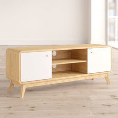 Oak/White TV Stand for TVs up to 60" Two Cupboards and Adjustable Shelf with Cutouts for Cable Management Complements your Home's Style