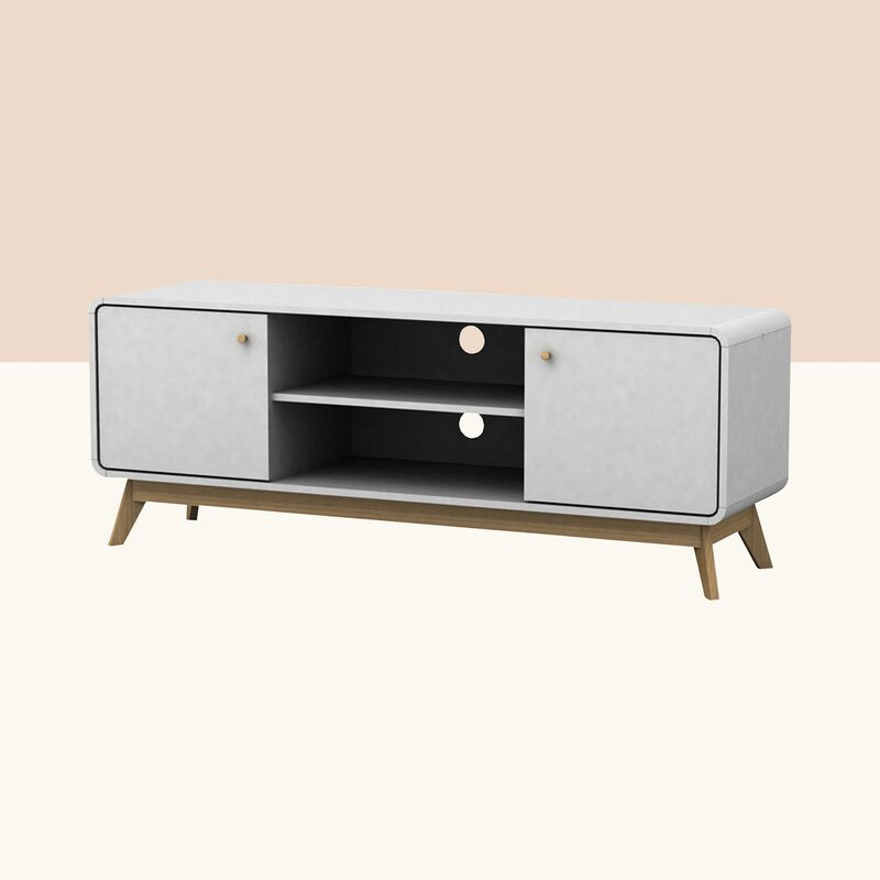 White/Light Oak TV Stand for TVs up to 60" Two Cupboards and Adjustable Shelf with Cutouts for Cable Management