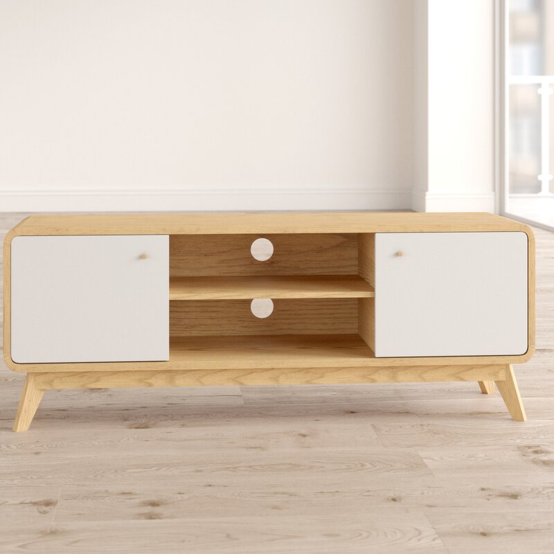 Oak/White TV Stand for TVs up to 60" Two Cupboards and Adjustable Shelf with Cutouts for Cable Management Complements your Home's Style
