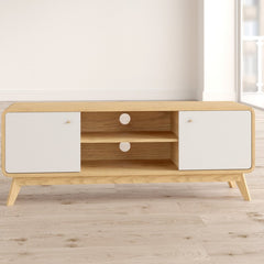 Oak/White TV Stand for TVs up to 60" Two Cupboards and Adjustable Shelf with Cutouts for Cable Management Complements your Home's Style