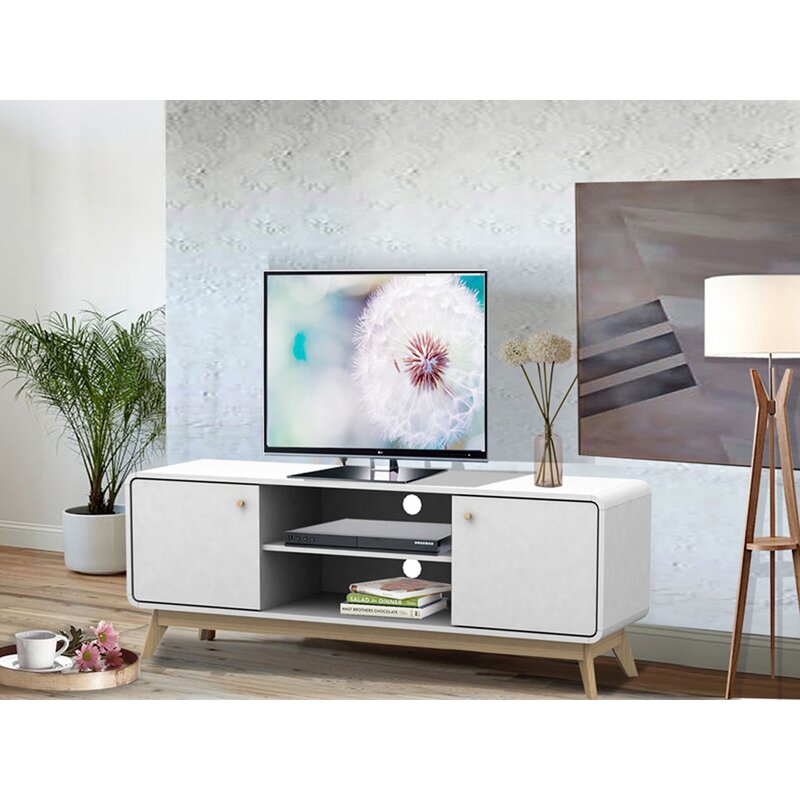 White/Light Oak TV Stand for TVs up to 60" Two Cupboards and Adjustable Shelf with Cutouts for Cable Management