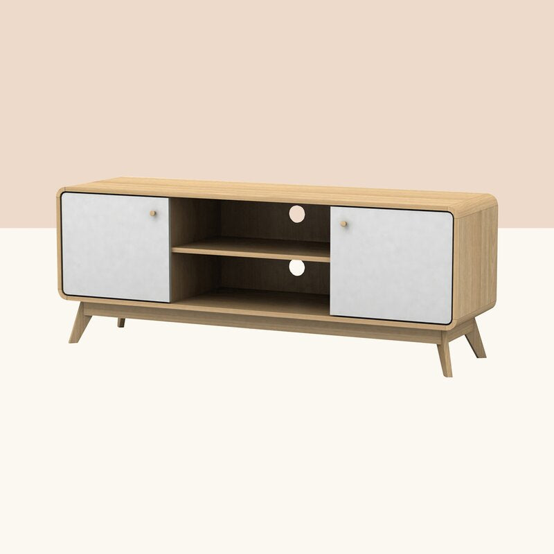 Oak/White TV Stand for TVs up to 60" Two Cupboards and Adjustable Shelf with Cutouts for Cable Management Complements your Home's Style