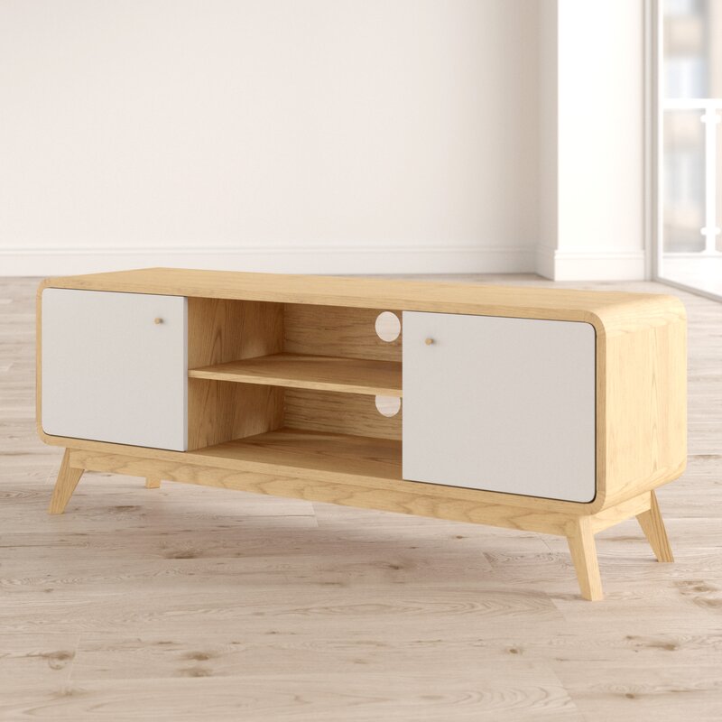Oak/White TV Stand for TVs up to 60" Two Cupboards and Adjustable Shelf with Cutouts for Cable Management Complements your Home's Style