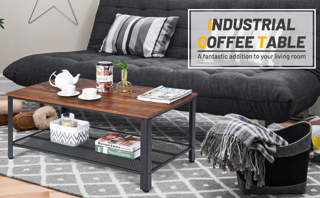 2-Tier Industrial Coffee Table Console Table with Storage Shelf