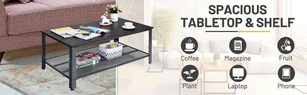 2-Tier Industrial Coffee Table Console Table with Storage Shelf