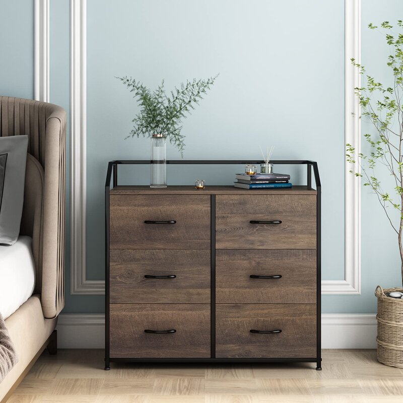 Dark Brown 6 Drawer 32.7'' W Double Dresser 6 Removable Drawers 4 Adjustable Plastic Legs that Prevent Scratches to your Floor