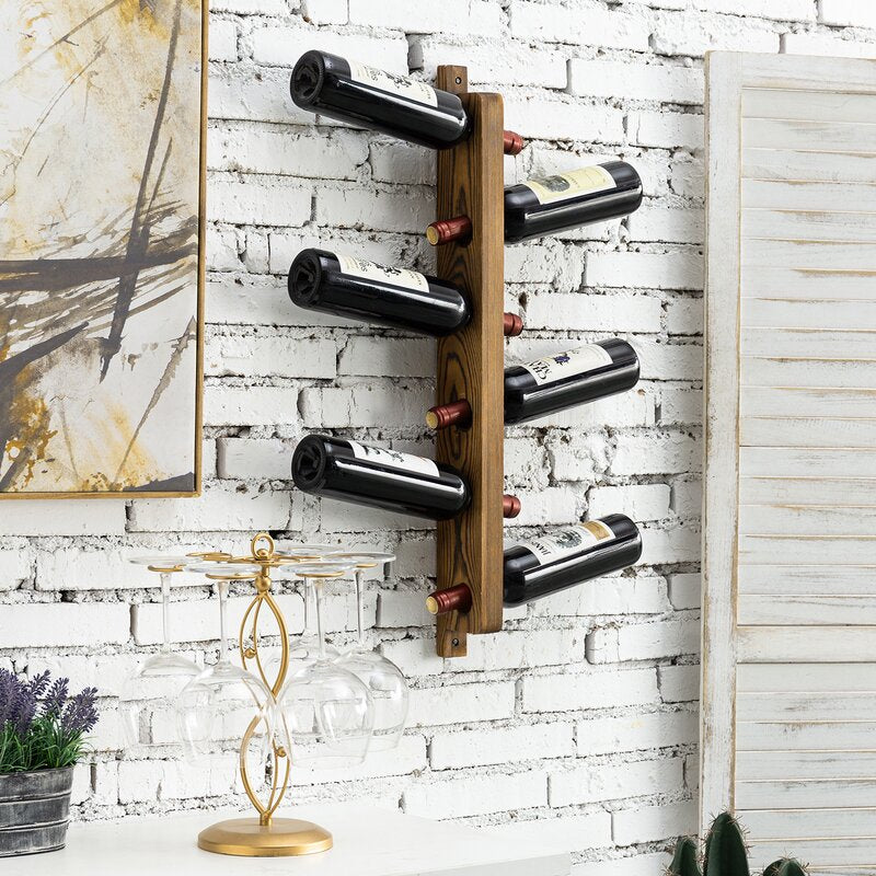 6 Bottle Solid Wood Wall Mounted Wine Bottle & Glass Rack in Brown Provides 6 Slots