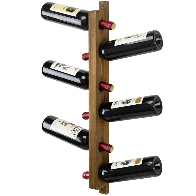 6 Bottle Solid Wood Wall Mounted Wine Bottle & Glass Rack in Brown Provides 6 Slots