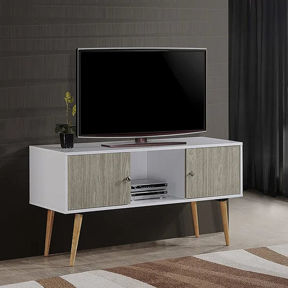 Modern Style TV Stand For TV Up To 60", TV Console Table With 2 Storage Doors And Solid Wood Legs