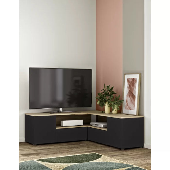 Black and Oak Monessen Corner TV Stand for TVs up to 55" Five Storage Space
