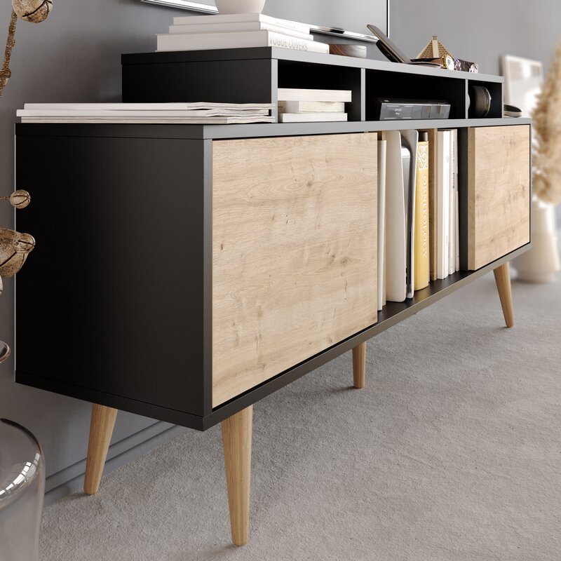 Black Sapphire Oak Musser TV Stand for TVs up to 70" 7 Cabinets and 4 Open Shelves