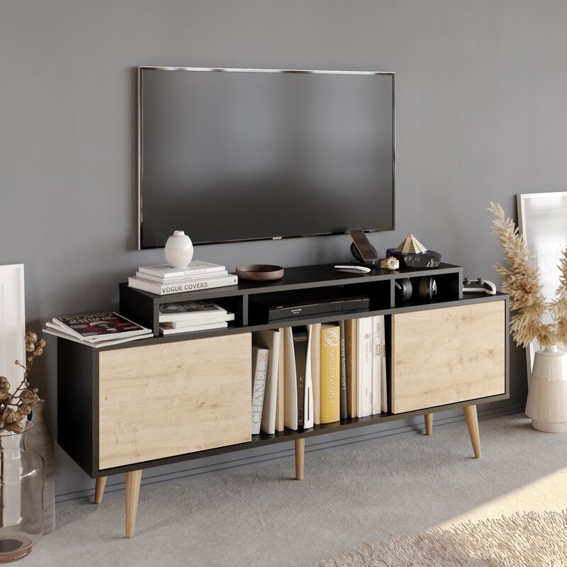 Black Sapphire Oak Musser TV Stand for TVs up to 70" 7 Cabinets and 4 Open Shelves