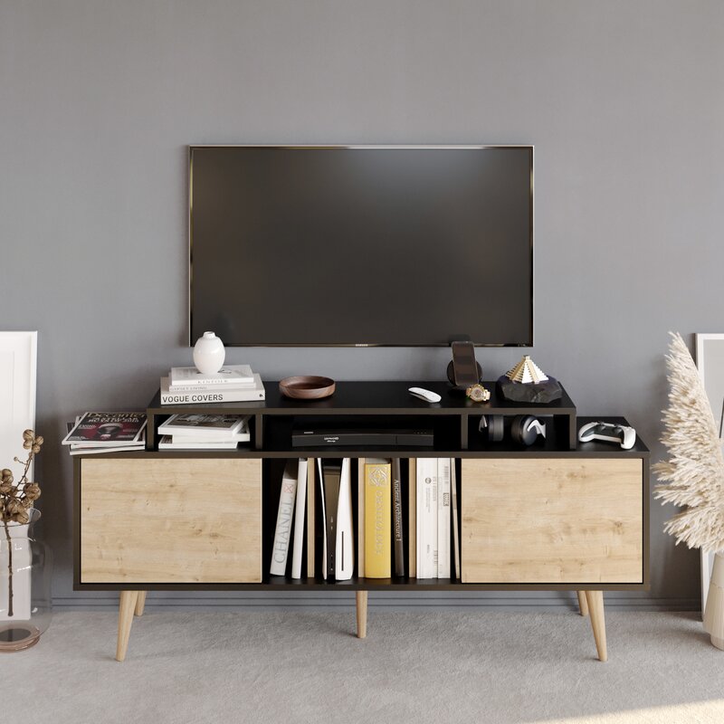 Black Sapphire Oak Musser TV Stand for TVs up to 70" 7 Cabinets and 4 Open Shelves