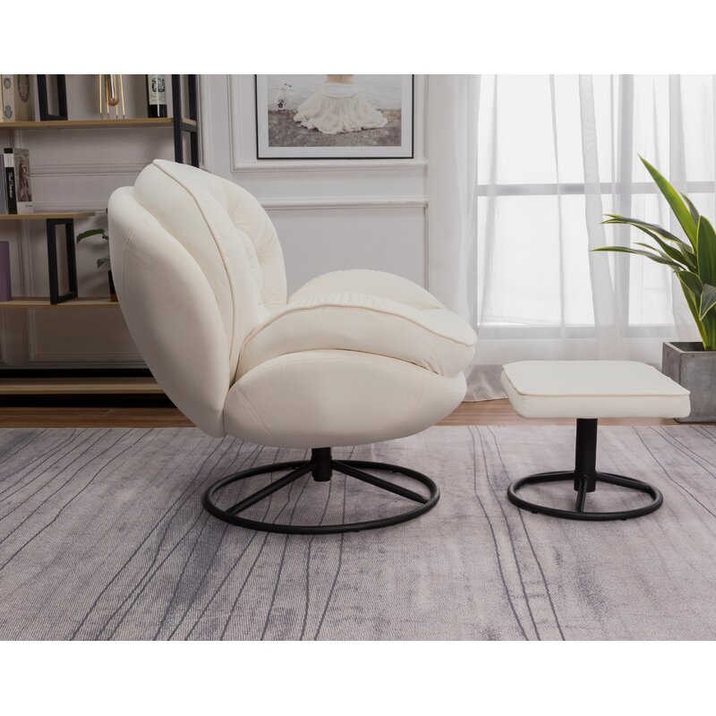 Beige Velvet 32 Wide Tufted Velvet Swivel Lounge Chair and Ottoman Perfect for the Home Office or Living Room