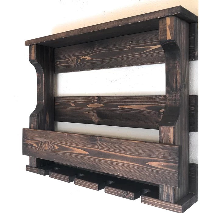 Neema 5 Bottle Solid Wood Wall Mounted Wine Bottle & Glass Rack
