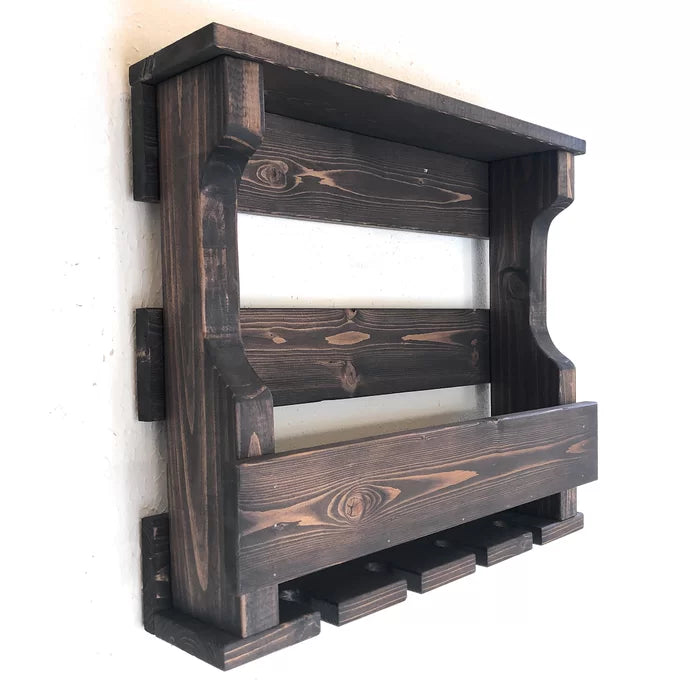 Neema 5 Bottle Solid Wood Wall Mounted Wine Bottle & Glass Rack