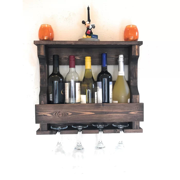 Neema 5 Bottle Solid Wood Wall Mounted Wine Bottle & Glass Rack