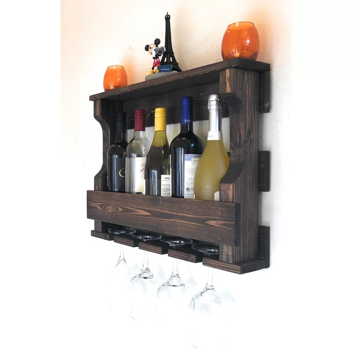Neema 5 Bottle Solid Wood Wall Mounted Wine Bottle & Glass Rack
