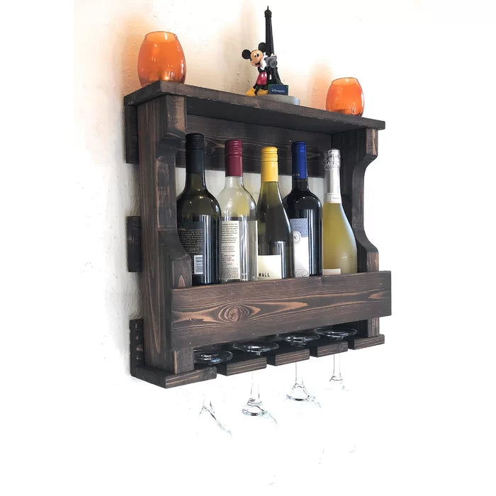 Neema 5 Bottle Solid Wood Wall Mounted Wine Bottle & Glass Rack
