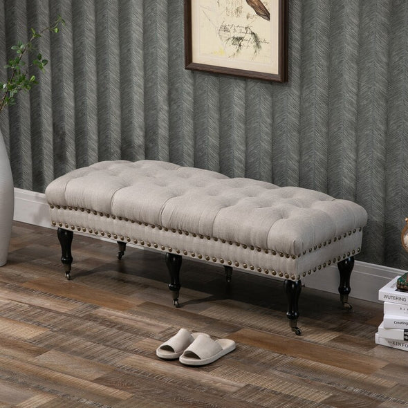 Beige Nilsen Upholstered Bench Decorative nailhead Trim and Turned Legs